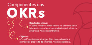 Componentes dos OKRs: Objetivo: o “o quê” você deseja alcançar. Algo claro, relevante e alinhado ao propósito da empresa. Analise qualitativa. Resultados-chave: o “como” você vai medir se está no caminho certo. Números concretos e mensuráveis que indicam o progresso. Analise quantitativa. 